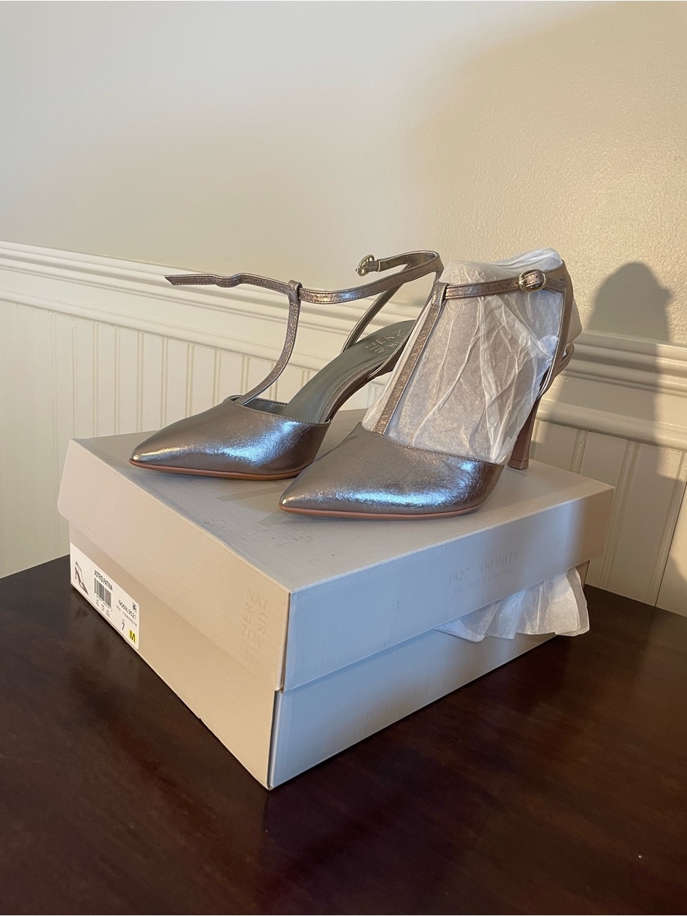 NIB - Astrid Metallic Pointed-Toe T-Strap Pumps